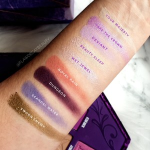 Blood Lust Palette - Swatches. Your Majesty, Take The Crown, Deviant, Beauty Sleep, Wet Jewel, Royal Pain, Dungeon, Scandal Waters and Sworn Enemy.