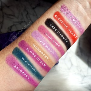 Blood Lust Palette - Swatches. Pink Magic, Bleeding Heart, Executioner, High King, Vivid Mood, Monarchy, Blood Queen, Vile Serpent, Betrayal.