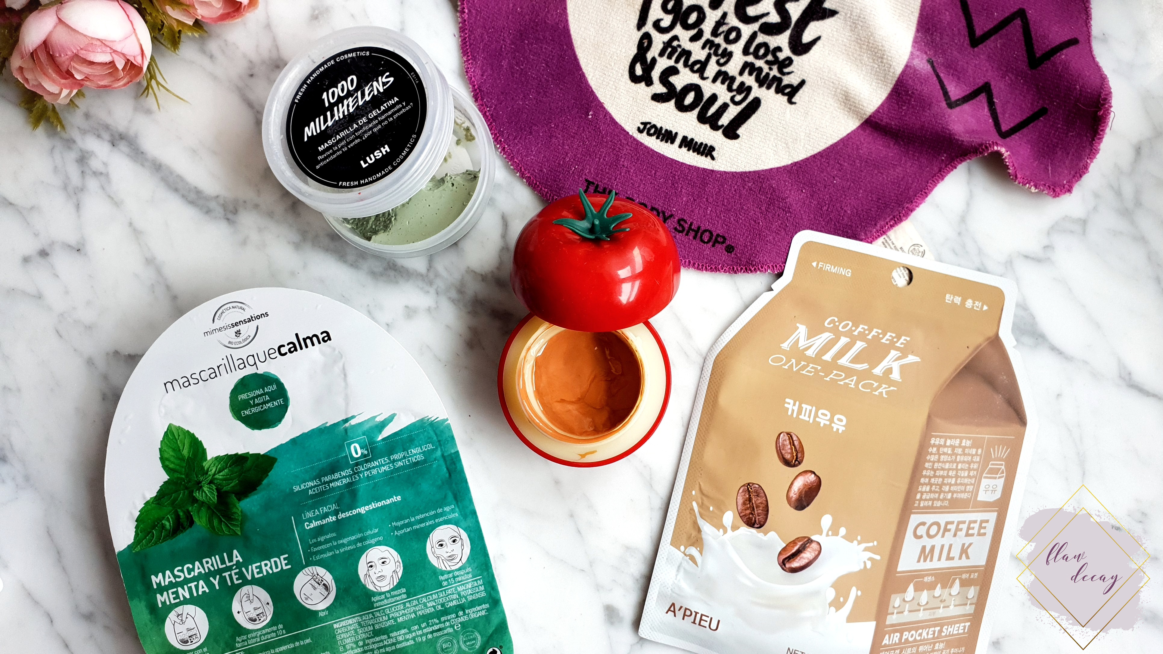 Lush (1000 Millihelens), Fancy Handy (Tomato Face Mask), A'PIEU (Coffee Milk Sheet Mask), Herbora (Menta y Té Verde) Masks - 100% Cruelty-free Morning/Night Skincare Routine