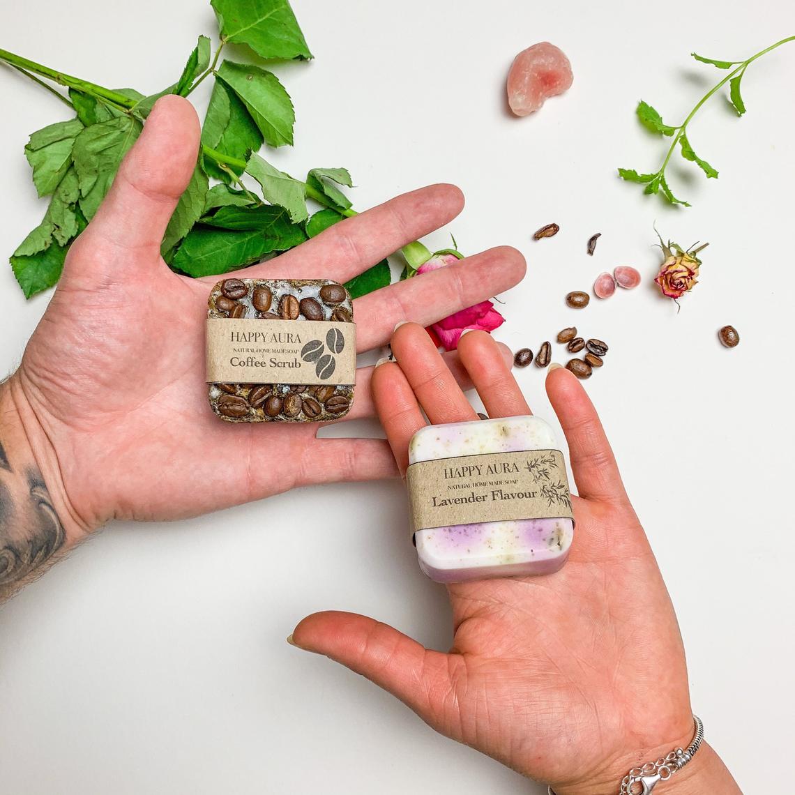 Coffee scrub and lavender soap - Happy Aura Ecofriendly Handmade Soaps (Etsy)